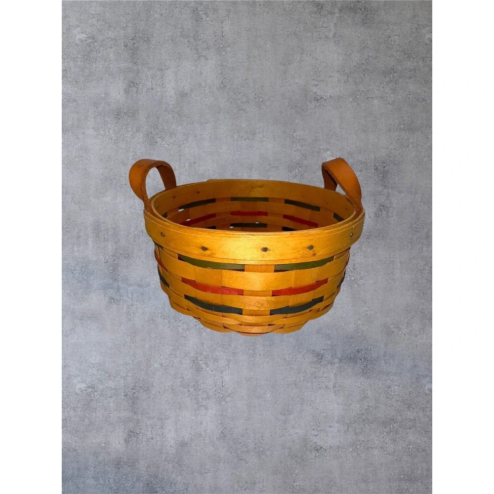 Longaberger Small Button Basket 2000 Striped Leather Handles EUC